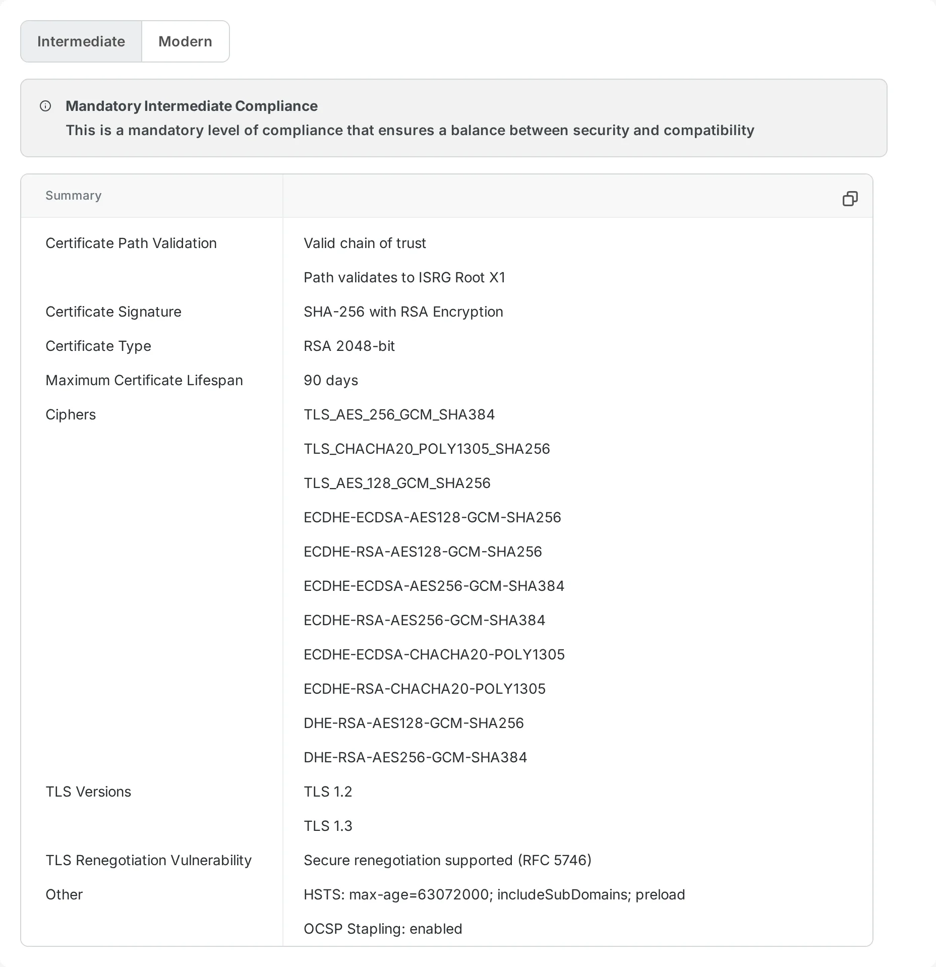 SeguriScan Mozilla Intermediate compliance breakdown with cipher suites, TLS versions, and certificate chain validation